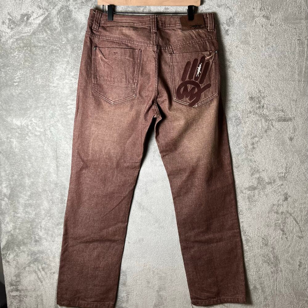 Men’s Streetwear Graphic Jeans Brown Wash Vintage Fade Straight Fit Size 34 X 31